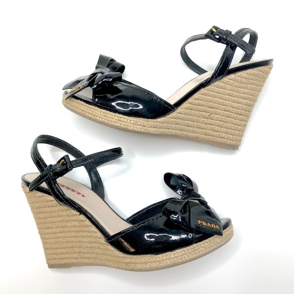 Prada Shoes - PRADA Patent Leather Bow Wedge Espadrilles Sz 8 38